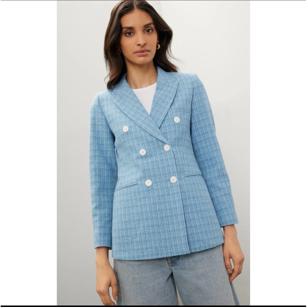 Sandro Nars sky Blue textured Double-Breasted Tweed Blazer Size 34
